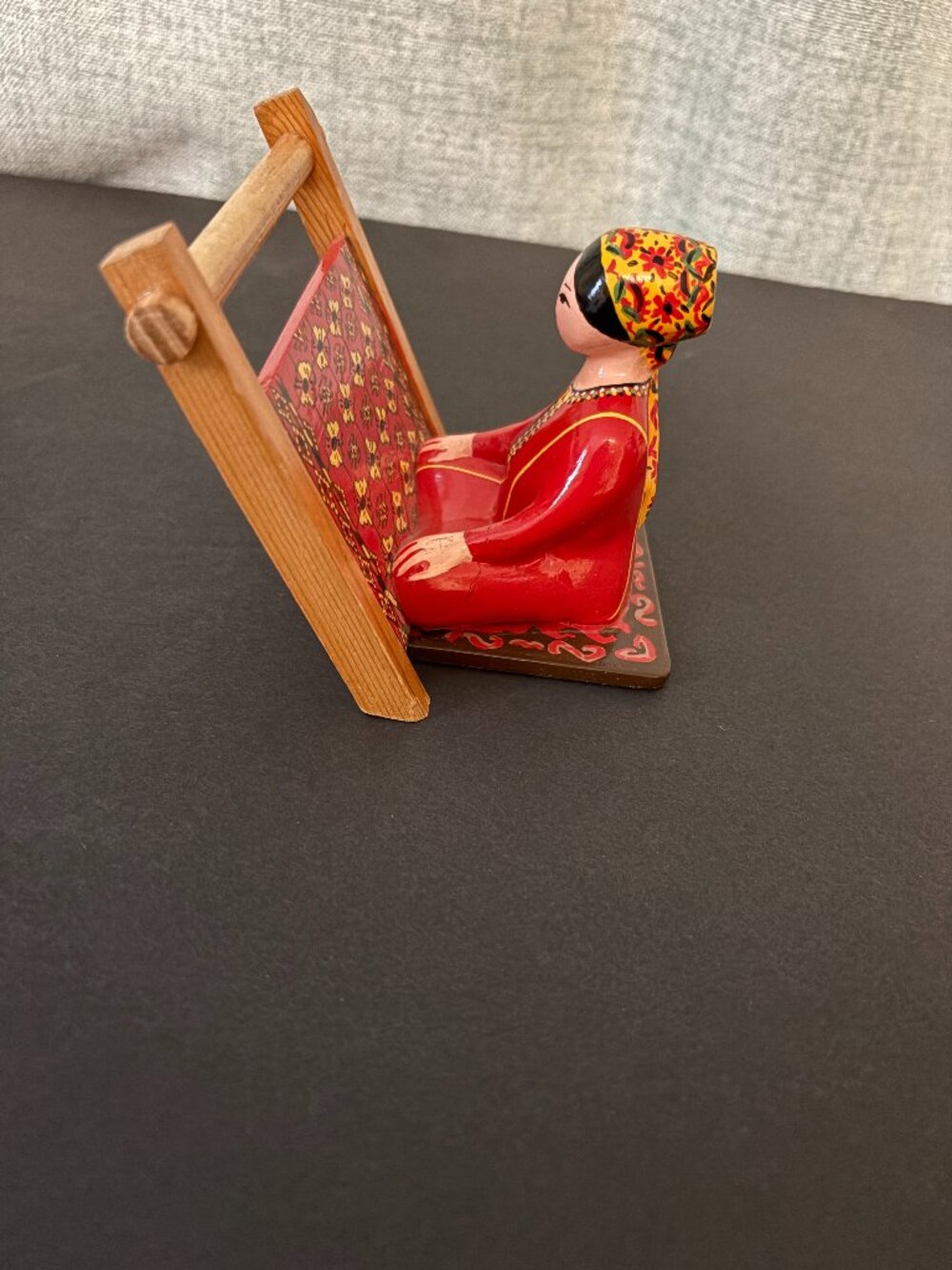 Hand Painted Wooden Folk Art Figurine Depicting Artisan Weaving at Loom